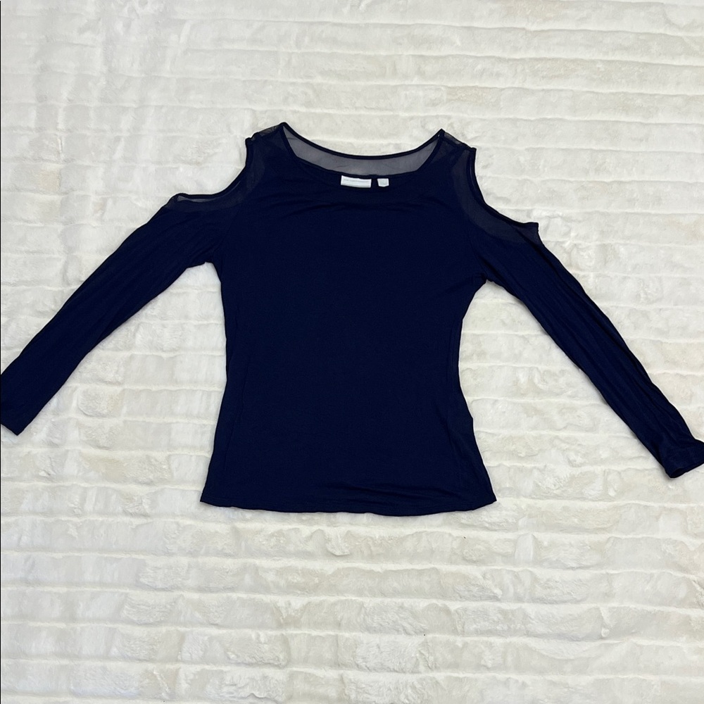 New York & Company Navy Blue Cold Shoulder Top
